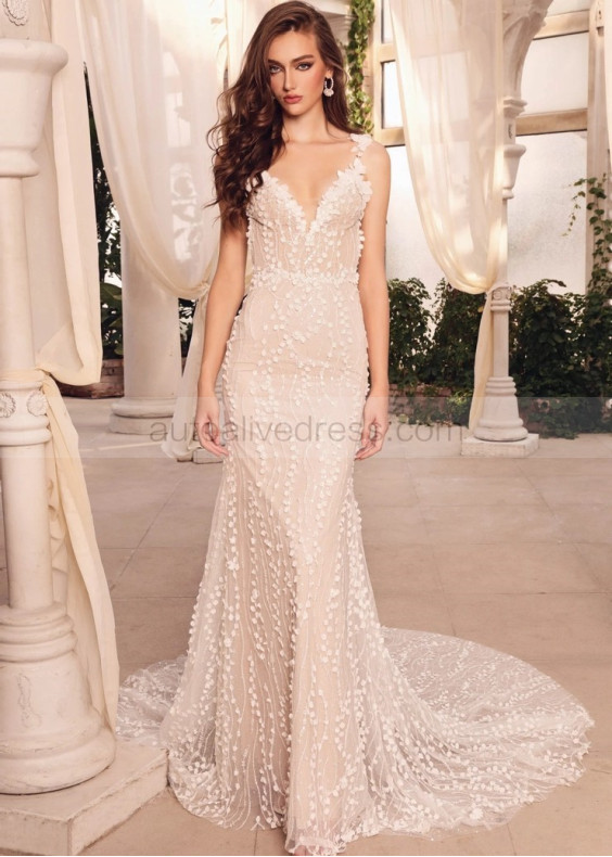 Beaded Floral Lace Wedding Dress With Detachable Train